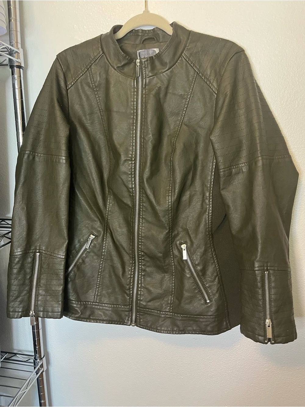 Avenue Olive Green Faux Leather Moto Jacket